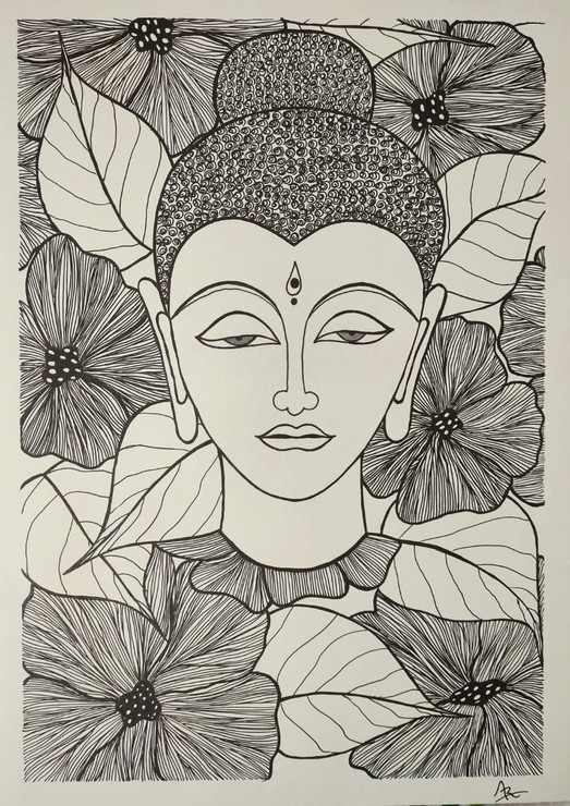 Budha (ART_7797_53102) - Handpainted Art Painting - 12in X 16in