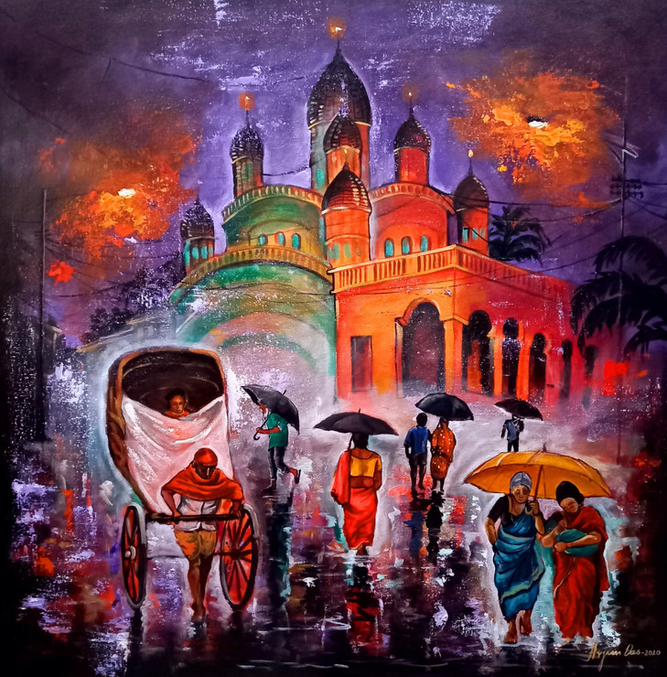 Rainy day in kolkata #14 (ART_82_53127) - Handpainted Art Painting - 30in X 30in