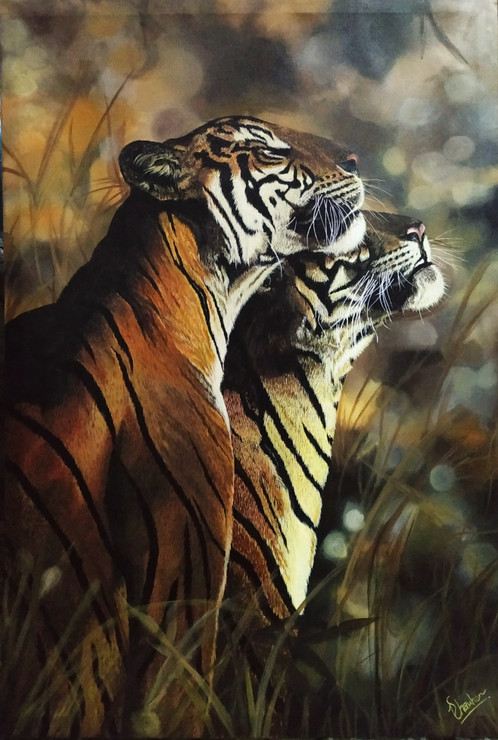 Soulmates - A tiger couple (ART_7786_52530) - Handpainted Art Painting - 24in X 36in