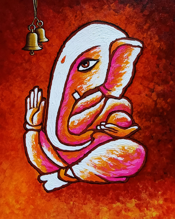 GANESH - 1 (ART_837_53363) - Handpainted Art Painting - 18in X 22in