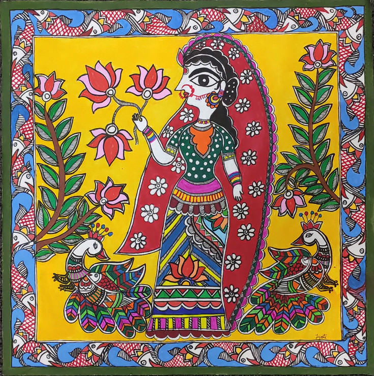 Madhubani - Girl In Garden (PRT_7230_53270) - Canvas Art Print - 18in X 18in