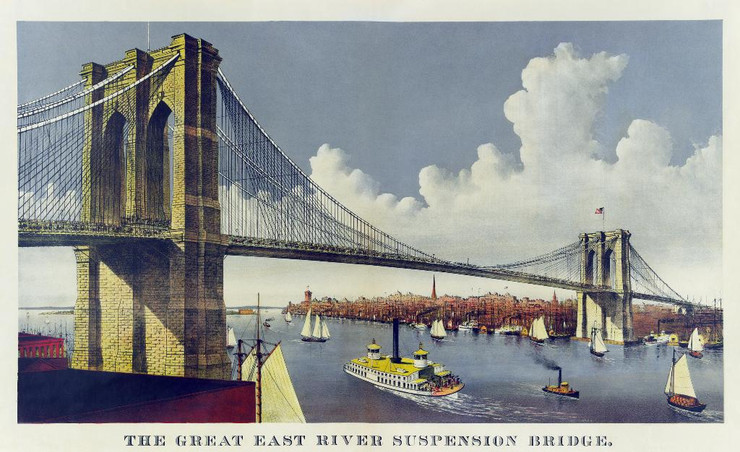 The Great East River Suspension Bridge, Connecting The Cities Of New York And Brooklyn Published  by Currier & Ives
(PRT_5487) - Canvas Art Print - 38in X 23in