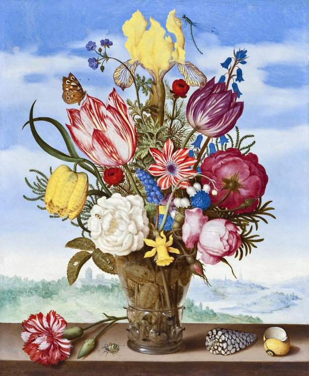 Bouquet Of Flowers On A Ledge (1619) by  Ambrosius Bosschaert
(PRT_5500) - Canvas Art Print - 24in X 29in