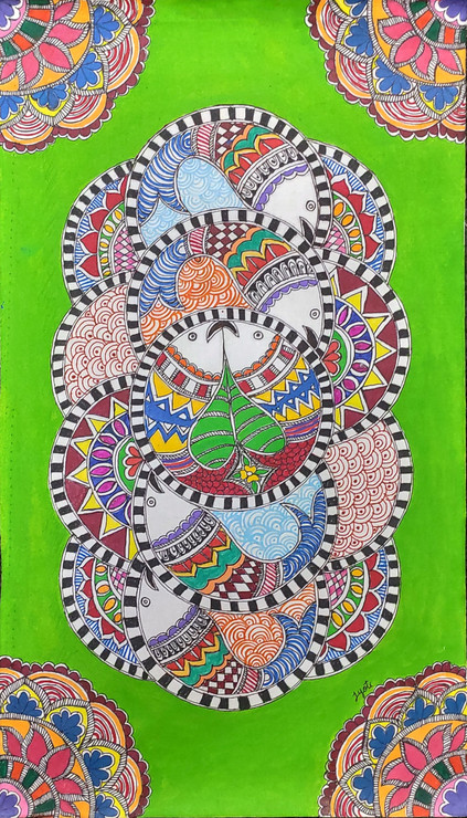 Madhubani - Fish Mandala (PRT_7230_53431) - Canvas Art Print - 13in X 24in