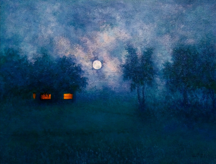 A Moonlit Night 7 (ART_4221_53395) - Handpainted Art Painting - 18in X 14in