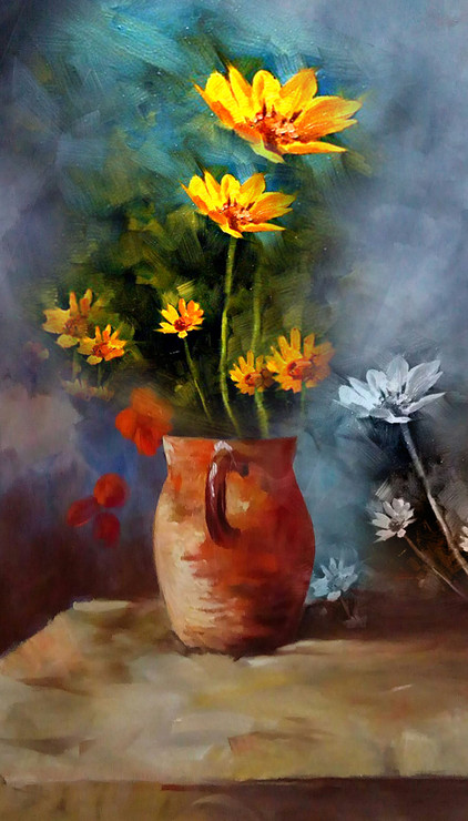 Flower Pot With Yellow Flower (ART_1038_53717) - Handpainted Art Painting - 21in X 36in