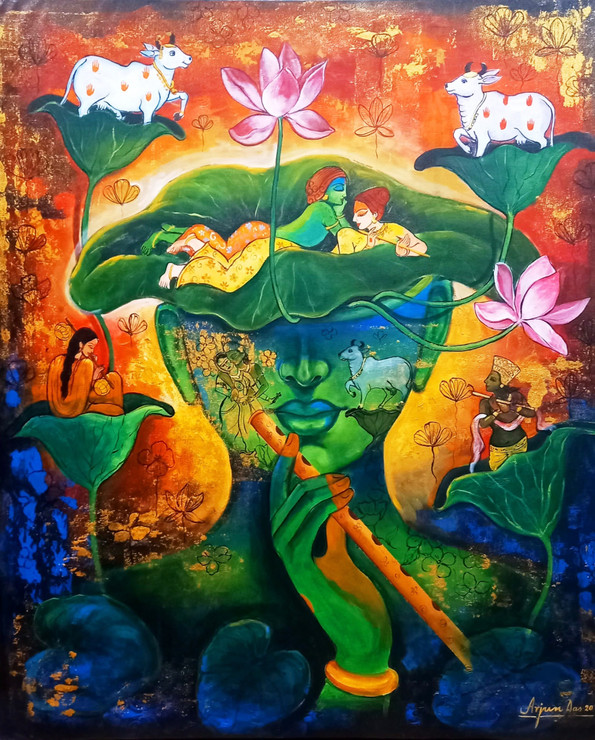 Devotion of Krishna 5 (ART_82_54108) - Handpainted Art Painting - 36in X 42in