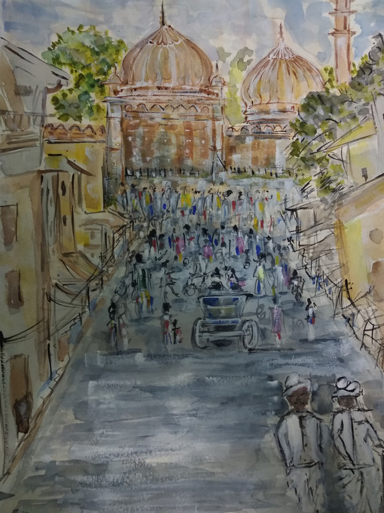 Chandni chowk (ART_7723_54086) - Handpainted Art Painting - 12in X 17in