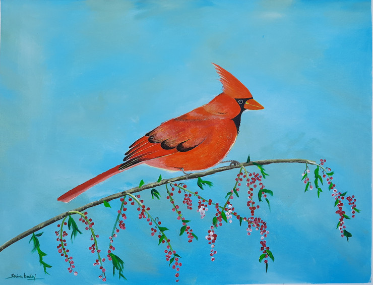 Cardinal bird on tree branch  (ART_7876_54023) - Handpainted Art Painting - 30in X 23in