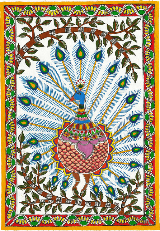 Madhubani - Dancing Peaock (ART_7230_53998) - Handpainted Art Painting - 16in X 23in