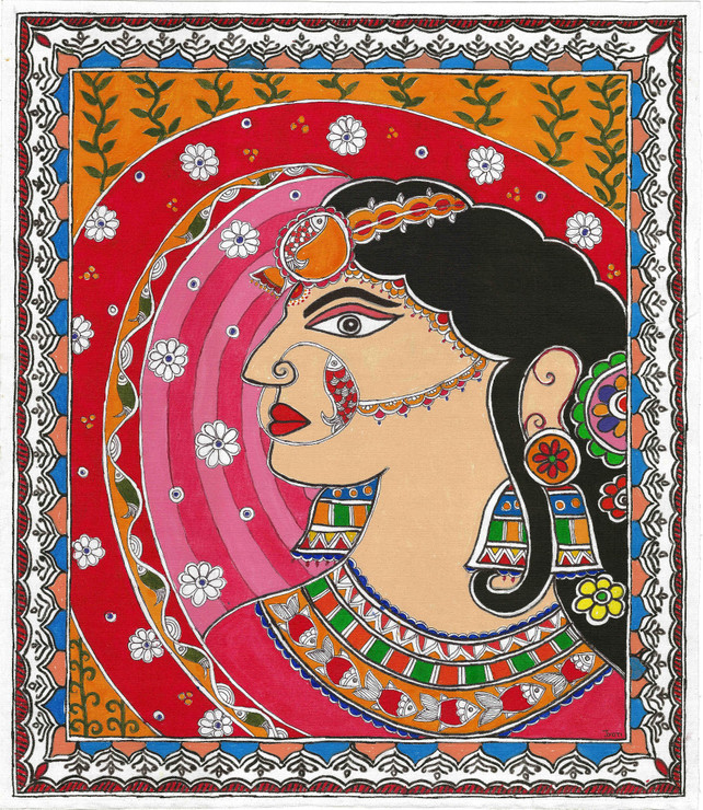 Madhubani - The Indian bride (ART_7230_53997) - Handpainted Art Painting - 20in X 23in