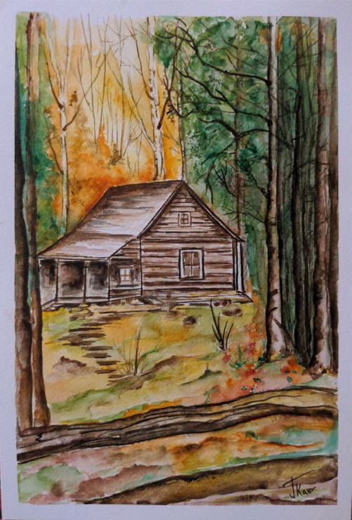 House in the woods (ART_7810_53992) - Handpainted Art Painting - 8in X 11in