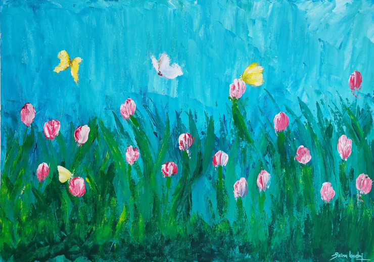 Tulips in love (ART_7876_53985) - Handpainted Art Painting - 34in X 24in