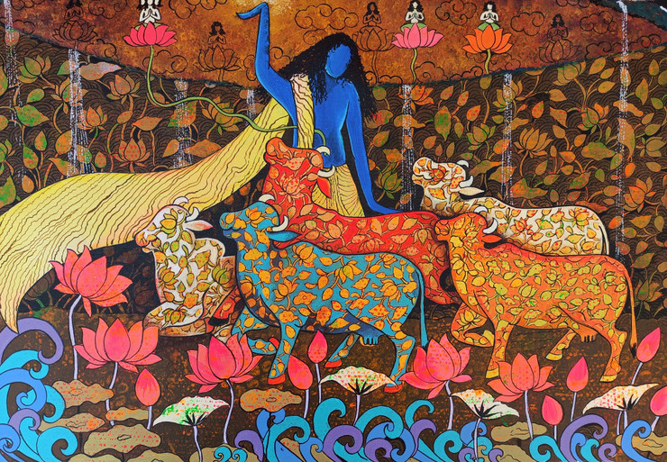 GOVARDHAN-2 (ART_1968_53882) - Handpainted Art Painting - 24in X 16in