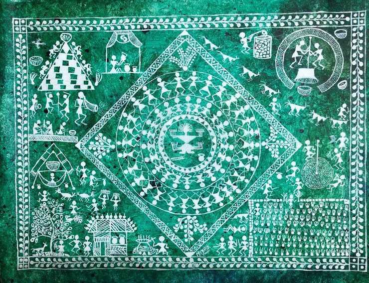 Warli Art Tarpa Dance (ART_7889_54270) - Handpainted Art Painting - 24in X 18in