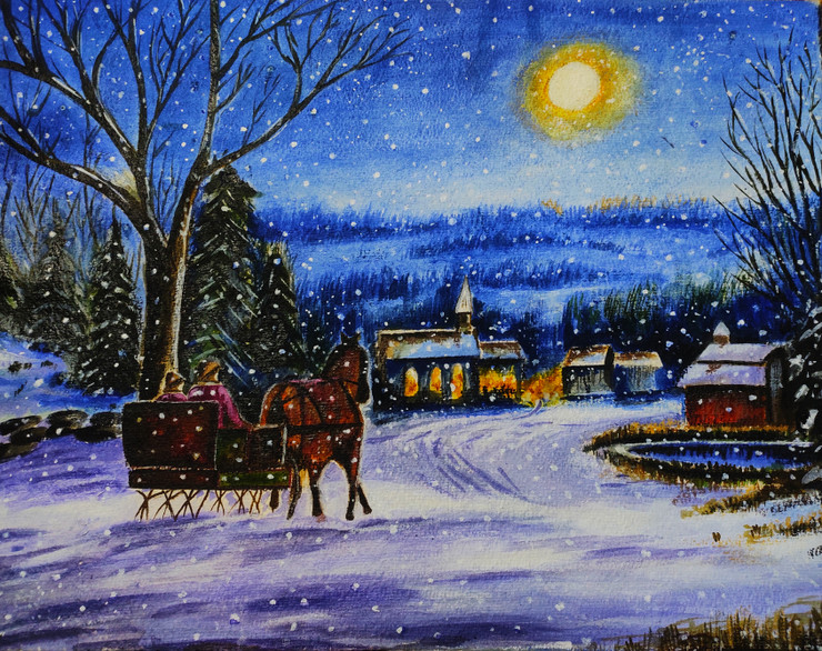Snowfall and Chariot (ART_7891_54279) - Handpainted Art Painting - 18in X 14in