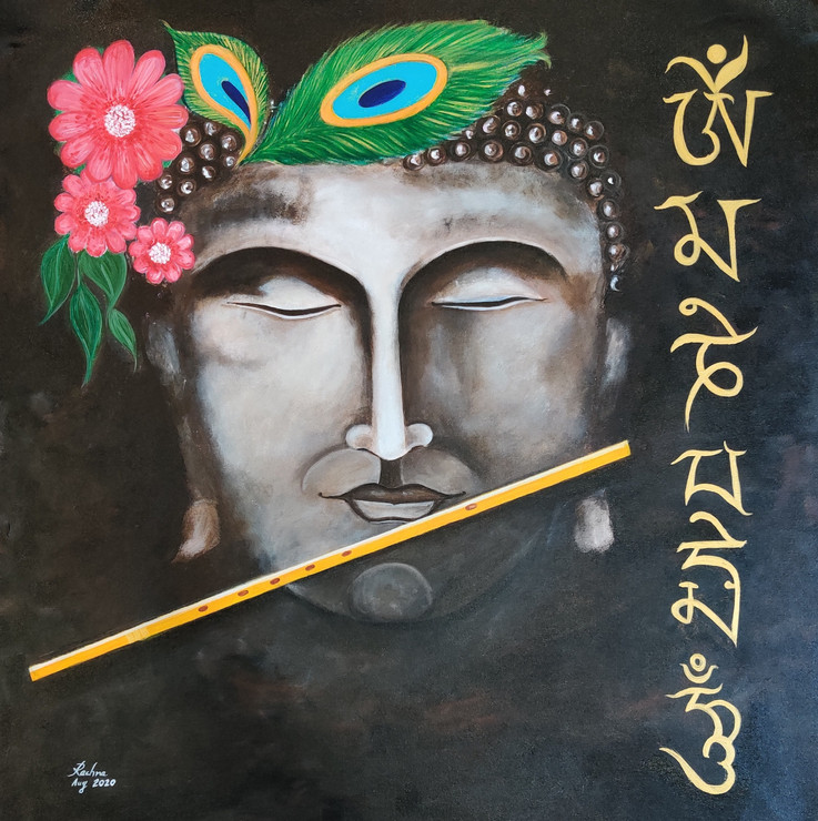 Buddh Krish (ART_7851_54209) - Handpainted Art Painting - 28in X 28in