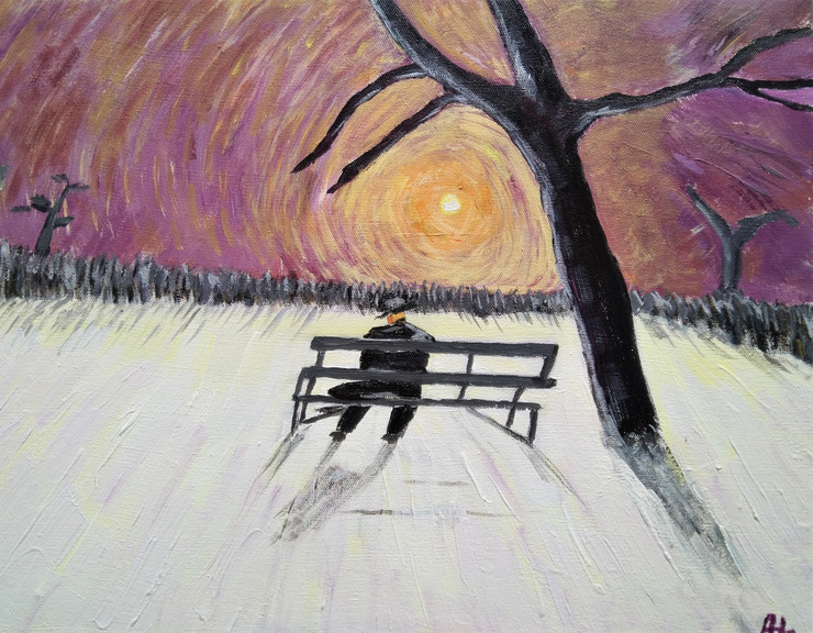 The lonely man (ART_7767_54198) - Handpainted Art Painting - 18in X 14in