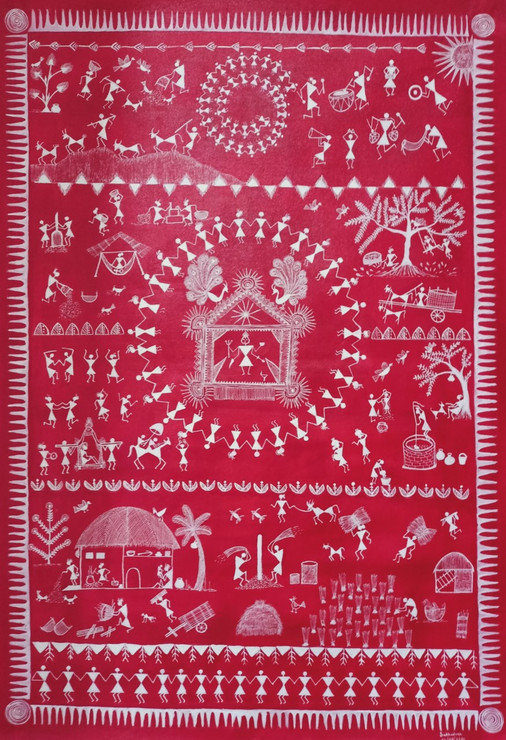 Life in Warli Tribal village (ART_7801_52996) - Handpainted Art Painting - 28in X 40in