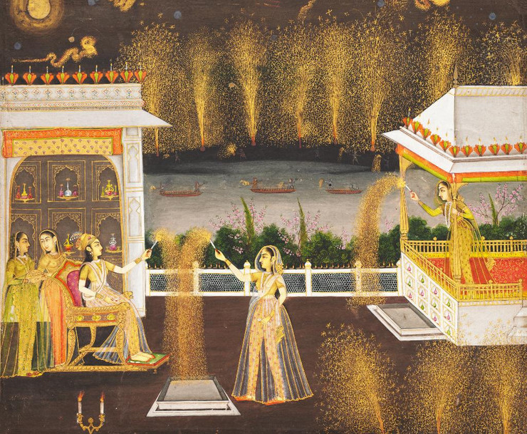 Royal Women Celebrating Diwali (PRT_6436) - Canvas Art Print - 28in X 23in