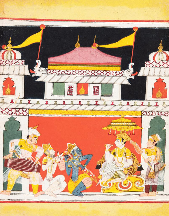 Three Musicians Perform Before A King- Shri Raga, From A Ragamala (PRT_6458) - Canvas Art Print - 28in X 36in