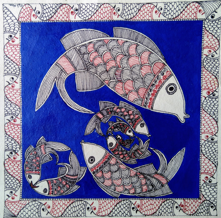 Family of Fish (ART_7890_54267) - Handpainted Art Painting - 14in X 14in