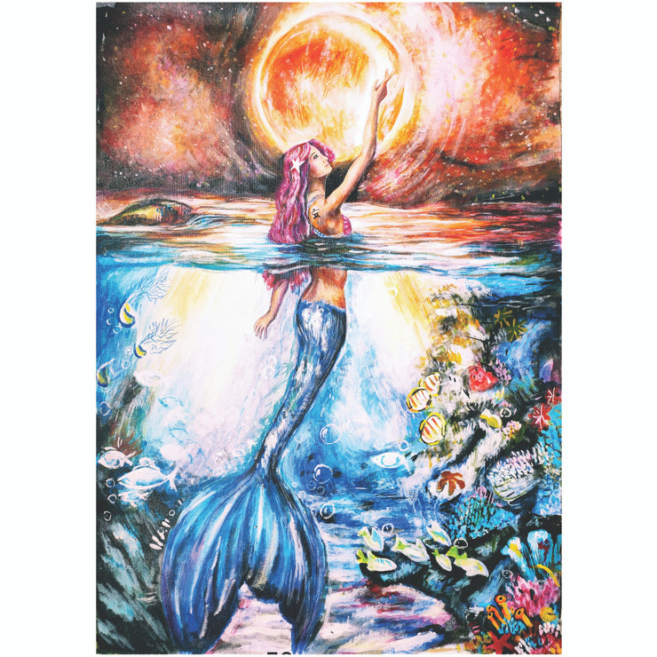 THE MERMAID AND THE MOON (ART_7891_54255) - Handpainted Art Painting - 20in X 28in