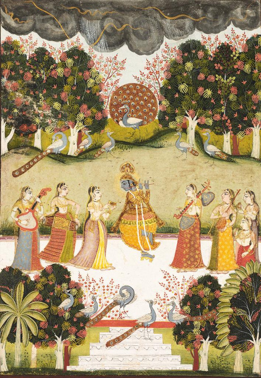 Malar Ragini- Krishna Playing The Flute To Seven Gopis Holding Musical Instruments, From The Ragamala Series (PRT_6521) - Canvas Art Print - 24in X 34in