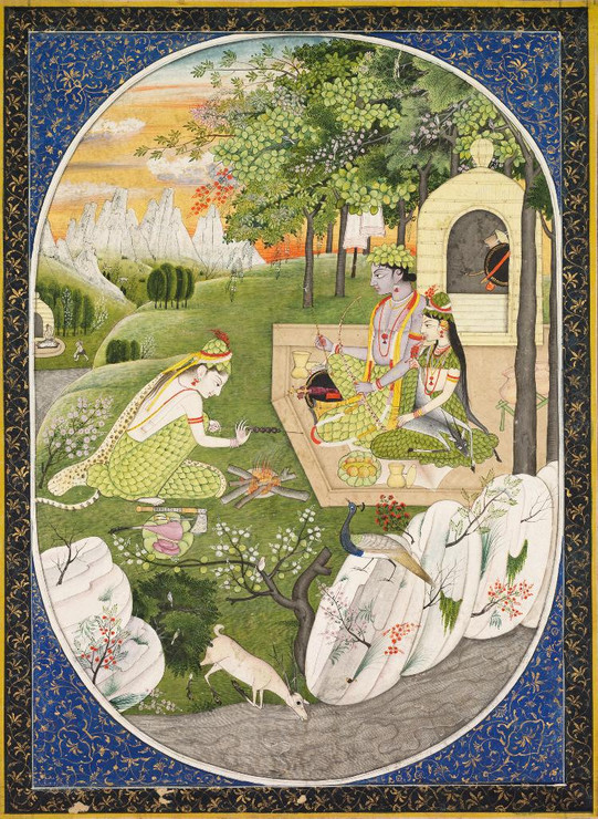 Rama, Sita And Lakshmana In The Forest, Page From The Ramayana (PRT_6532) - Canvas Art Print - 28in X 39in