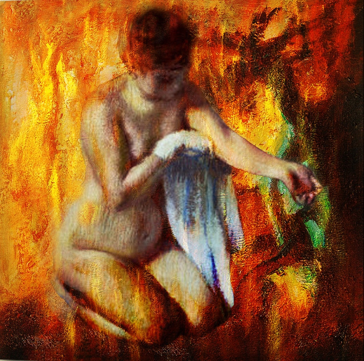 31NUD03,Women with red,orange background shades,After the Bath,Nude Art