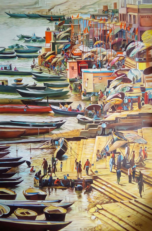 Varanasi Ghat (ART_1038_54543) - Handpainted Art Painting - 40in X 60in