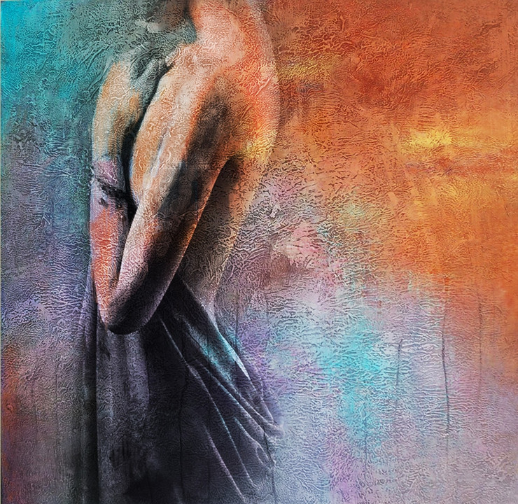 Women with red,Orange background shades,Back Beauty,Nude Art,Black Dress