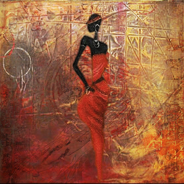 Tribal Flow 2 - 32in X 32in,28African05_3232,Community Artists Group,Canvas,Oil Colors,Beautiful,Museum Quality - 100% Handpainted,Modern Art,Figurative,Tribal Lady,Standing Lady - Buy Painting Online in India.