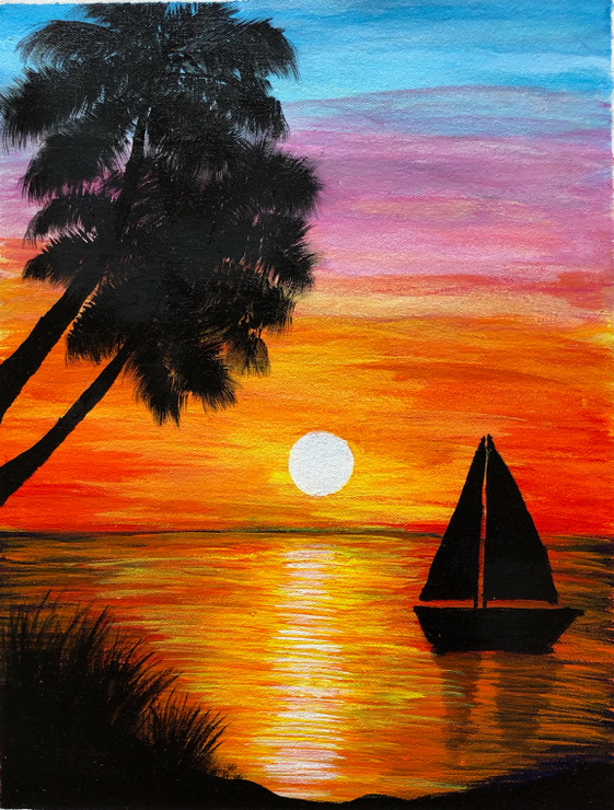 A Beautiful Sunset (ART_7908_54585) - Handpainted Art Painting - 12in X 16in