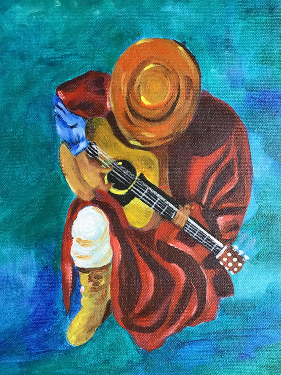 Mexican guitarist (ART_7906_54628) - Handpainted Art Painting - 10in X 12in