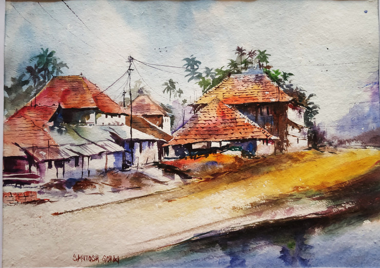 Village Scenary 2 (ART_7902_54698) - Handpainted Art Painting - 15in X 11in