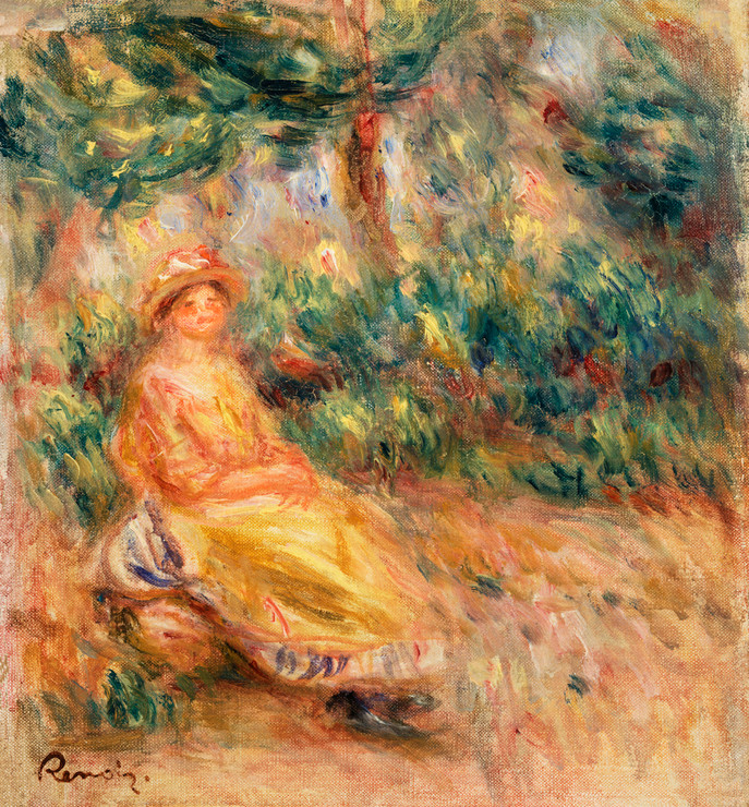 Woman In Pink And Yellow In A Landscape (Femme En Rose Et Jaune Dans Un Paysage) By Pierre Auguste Renoir (PRT_6788) - Canvas Art Print - 25in X 27in