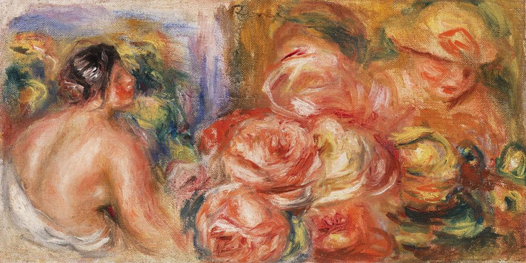 Roses And Small Nude (Roses Et Petit Nu) (1916) By Pierre Auguste Renoir (PRT_6786) - Canvas Art Print - 31in X 16in