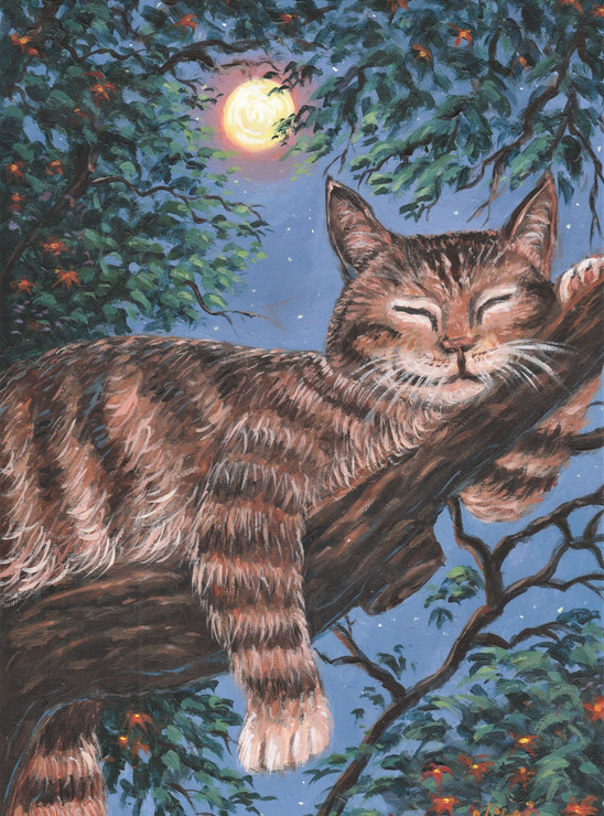 The Sleeping Cat (ART_4815_54867) - Handpainted Art Painting - 16in X 12in