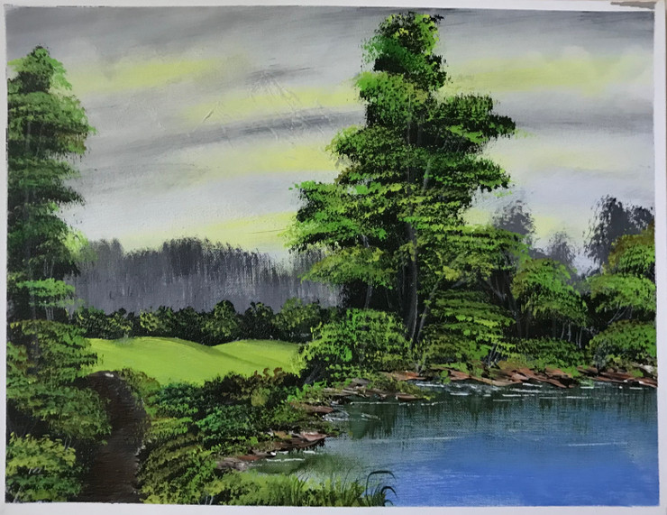 Riverside trees  (ART_7855_54861) - Handpainted Art Painting - 18in X 16in