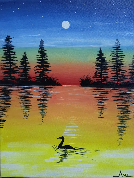 Moon light view in Lake (ART_7557_54850) - Handpainted Art Painting - 14in X 18in