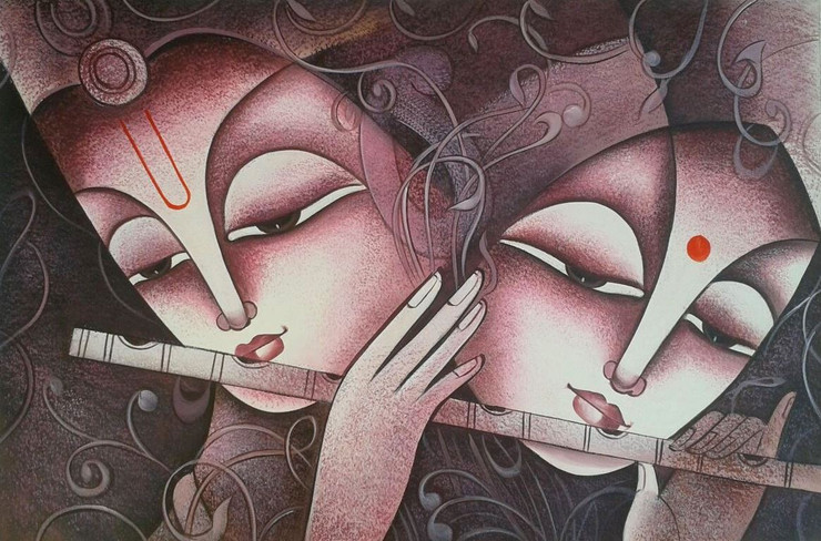 krishna, radha krishna painting, lord krishna, radha, krishna with flute