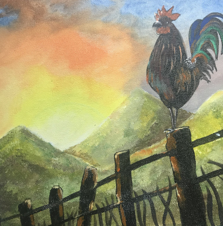 ROOSTER AT dawn (ART_7906_54640) - Handpainted Art Painting - 10in X 12in