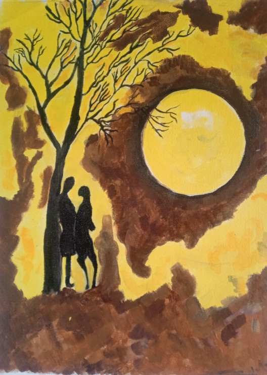 The couple in yellow (ART_2419_54519) - Handpainted Art Painting - 10in X 14in