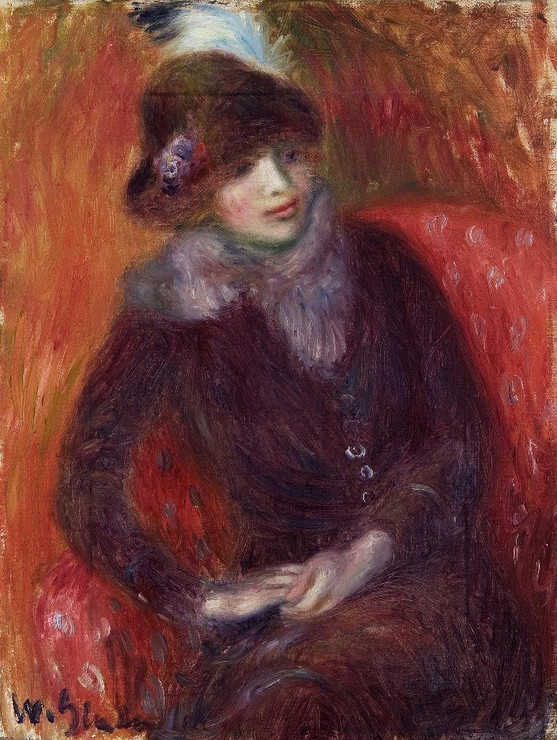 Seated Woman With Fur Neckpiece And Red Background By William James Glackens (PRT_6967) - Canvas Art Print - 13in X 18in