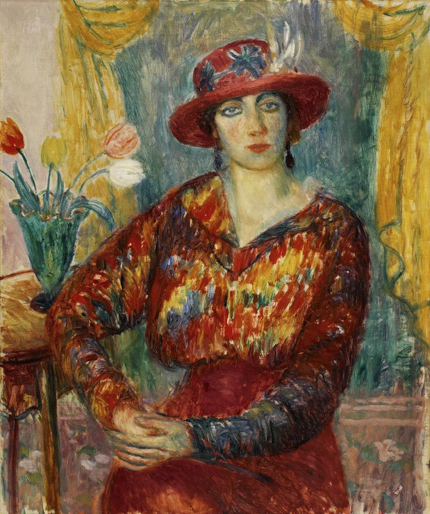 Woman In Red Blouse With Tulips By William James Glackens (PRT_6970) - Canvas Art Print - 28in X 34in