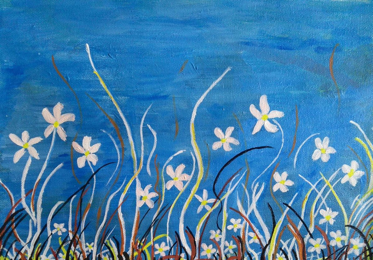 BLUE SKY WHITE FLOWERS (ART_2419_28480) - Handpainted Art Painting - 14in X 10in