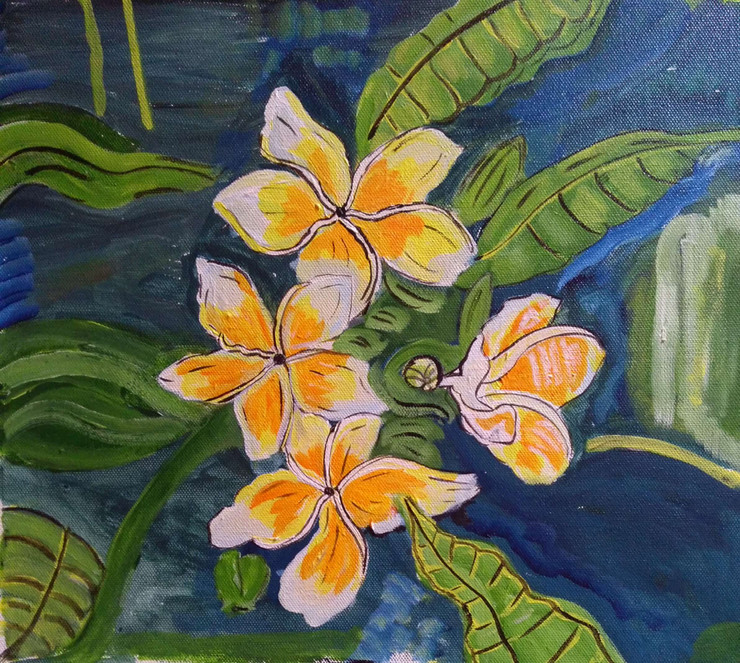 The yellow flowers and green leaves (ART_2419_25896) - Handpainted Art Painting - 14in X 12in