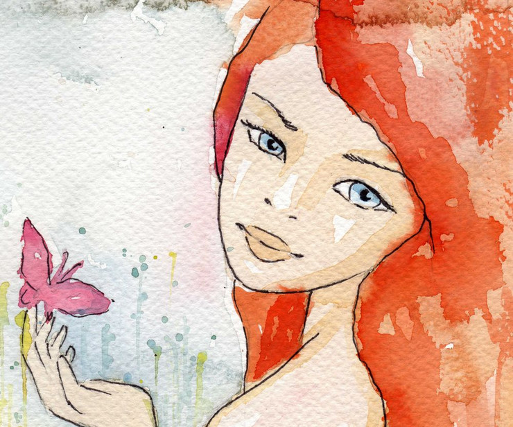 girl, lady, woman, girl with butterfly, lady with butterfly, pink butterfly, girl with butterfly on hand