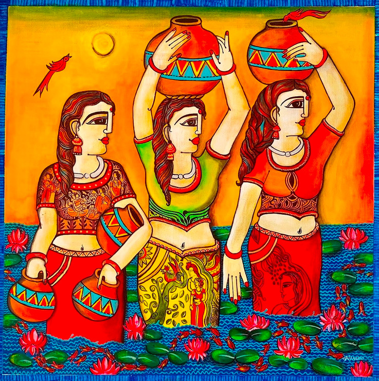 Three lady together in sunrise (ART_5103_55168) - Handpainted Art Painting - 35in X 35in